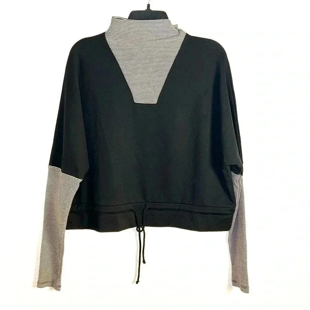 Parni Top Womens Large High Neck Cropped Drawstring Ribbed Raglan Long Sleeve